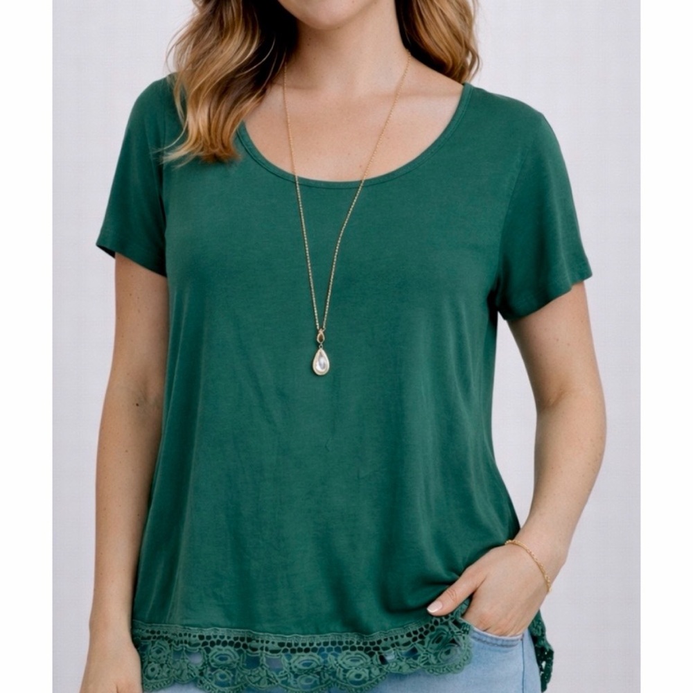 Green Lace-Trimmed Short Sleeve Blouse Top, S